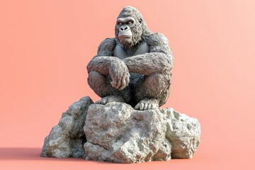 Fototapeta premium Gorilla statue perched atop a weathered rock.