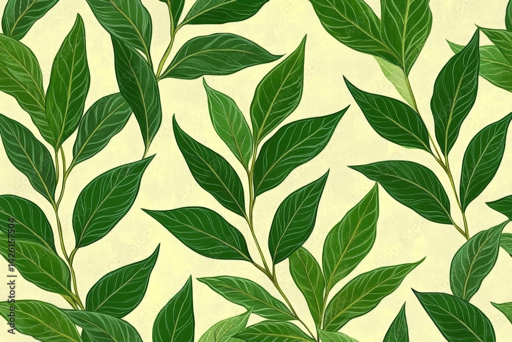 Poster lush green leaves create a vibrant pattern on a light background showcasing nature's beauty and eleg