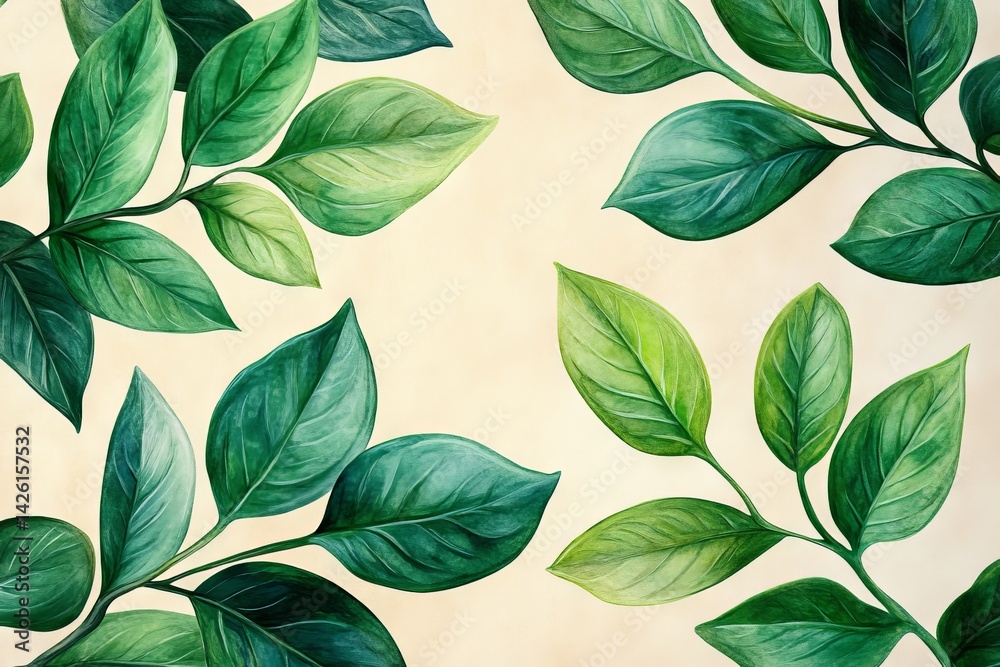 Poster lush green leaves create a vibrant backdrop with varying shades and textures in a cozy indoor settin