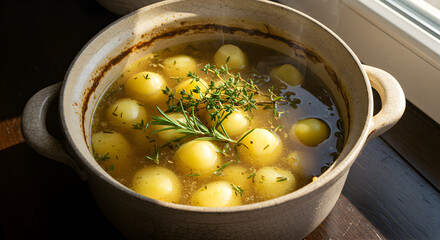 Rustic Potatoes With Broth And Herbs In Ceramic Pot Near Sunny Window