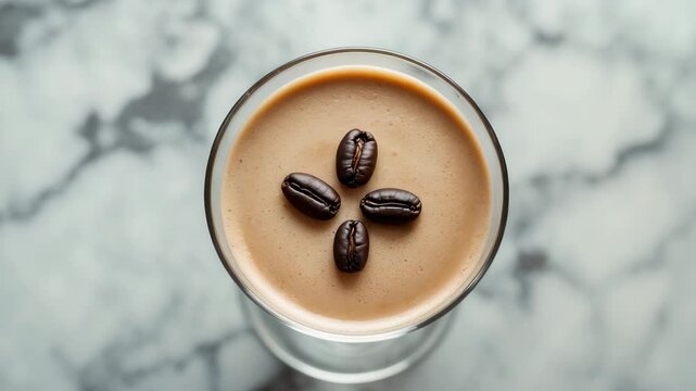 Aerial perspective of a Martini garnished with three coffee beans on a marble countertop.