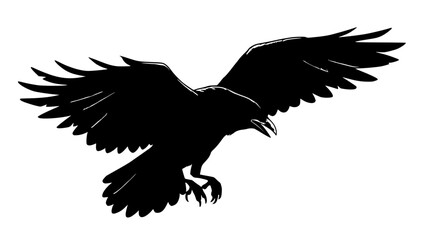 Obraz premium Detailed grayscale ink drawing of a raven flying powerfully with wings spread against a plain white background