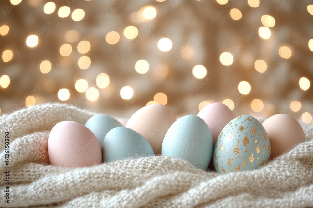 Aufkleber Colorful decorated eggs resting on a soft blanket with twinkling lights in the background during Easter celebration