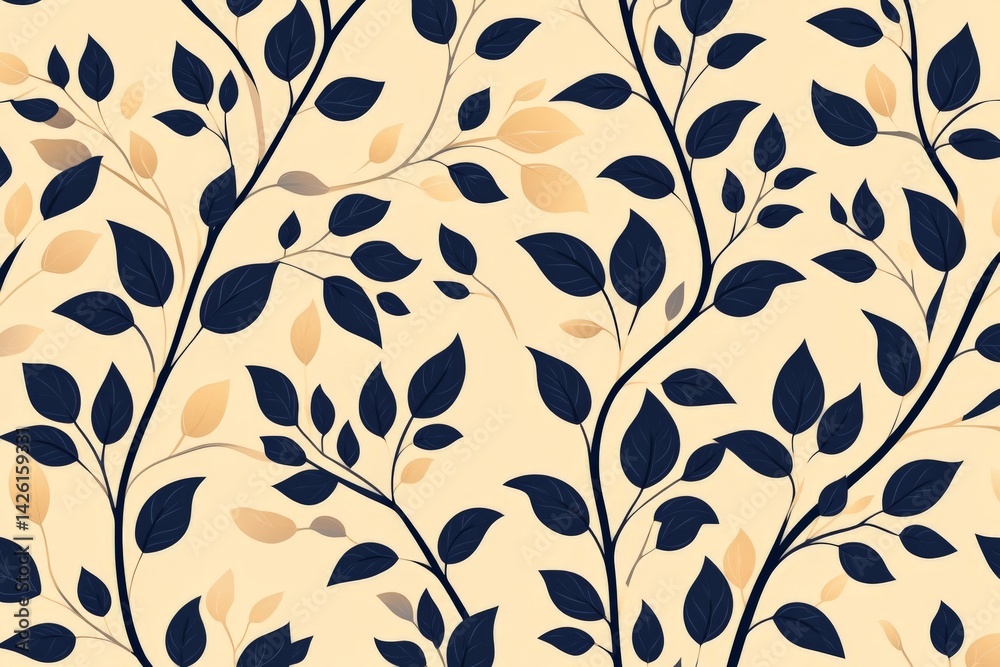 Poster elegant navy and beige leaf pattern design ideal for home decor and textile applications