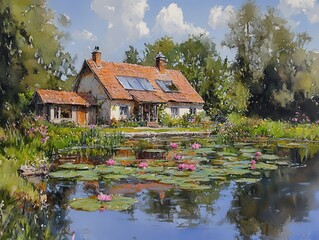 Obraz premium Quaint cottage nestled by a lily pond