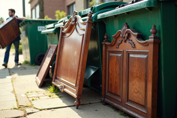 Worker discarding old wooden furniture in large green garbage containers on a city street