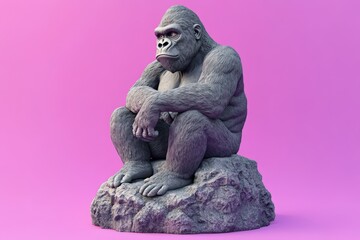 Fototapeta premium Gray gorilla sculpture sits on a rock against a vibrant magenta background.