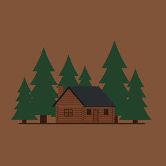 Naklejka premium Wooden cabin surrounded by pine trees vector illustration with brown background and simple nature design 