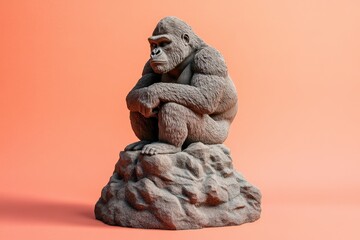 Fototapeta premium Grey gorilla sculpture sits atop a rocky outcrop.