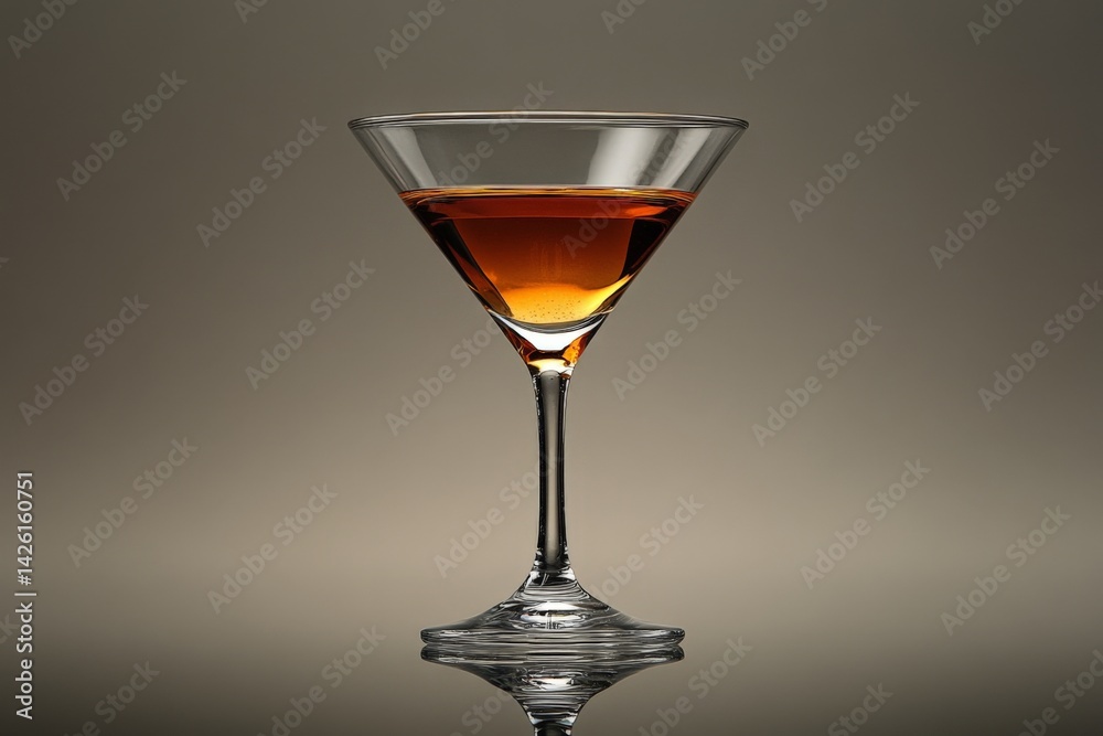 Poster elegant cocktail glass with amber drink reflecting on a smooth surface in a dimly lit setting