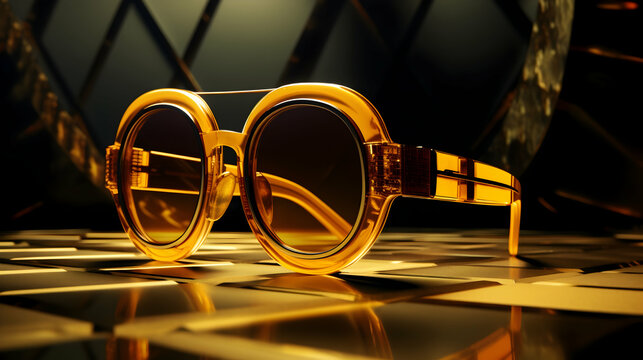 Amber Retro Sunglasses: A Stylish Statement of Timeless Cool, bathed in warm golden light on a textured surface.