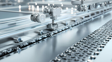 A close-up view of a sleek, automated machine part, showcasing precision engineering and modern technology in a futuristic industrial setting.