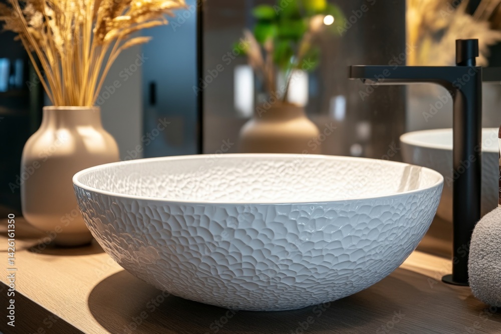 Poster modern bathroom decor featuring a textured sink and complementary vases in a stylish interior settin
