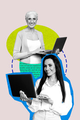 Image 3d zine vertical collage of happy girl guys hold laptop type message notification speech chat...