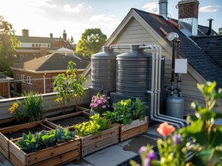 Fototapeta premium Rooftop garden featuring planters and water storage tanks in a residential area during sunny afternoon