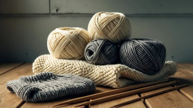 Vintage knitting needles and yarn displayed on a wooden background