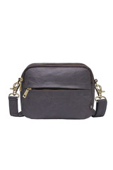 Dark gray leather crossbody bag with golden hardware on white background . Cut out isolated on white background