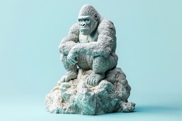 Frozen gorilla statue sits atop a rocky outcrop.