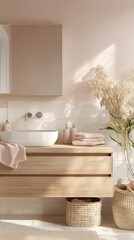 Fototapeta premium Serene Blush and Cream Bathroom with Light Wood Vanity and Minimalist Containers, Soft Stone Floor and Wall Tiles - Back View