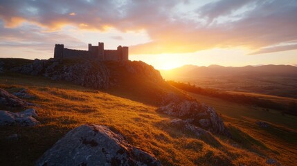 A breathtaking medieval castle stands on a rocky cliff, bathed in warm sunset light, surrounded by vibrant hills and dramatic clouds, creating a magical ambiance