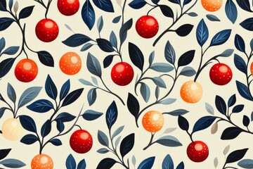Colorful pattern of oranges and leaves on a light background showcasing vibrant fruit and foliage details