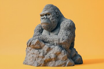 Grey gorilla sculpture resting on a rocky outcrop.
