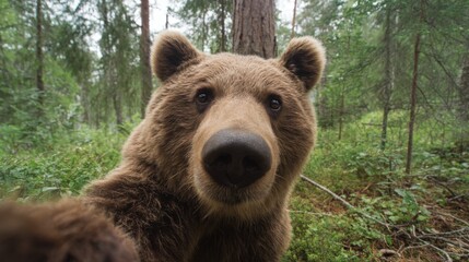 Obraz premium Curious brown bear in dense forest captured up close