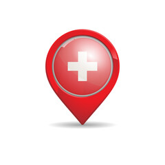Obraz premium Realistic Switzerland flag with map pin vector illustration. Swiss flag.