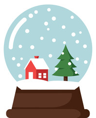 Fototapeta premium Snow globe with red house and green pine tree in winter scenery vector illustration 