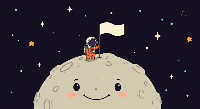 Astronaut holding a flag on a smiling moon in a whimsical space scene