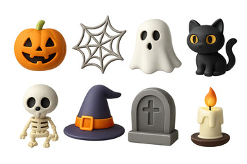 Halloween icon set – 3d style spooky and festive symbols for holiday design: pumpkin, spider web, ghost, black cat, skeleton, witch hat, tombstone, candle