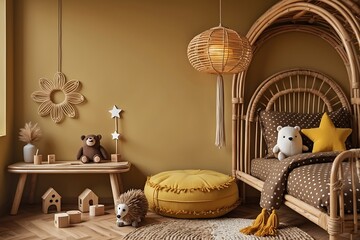 Bohemian Chic Nursery Decor Rattan Crib, Mustard Yellow Accents, and Playful Toys