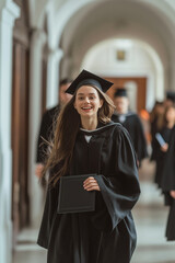 Excited graduate walking through university corridor with diploma. Graduation celebration concept.
