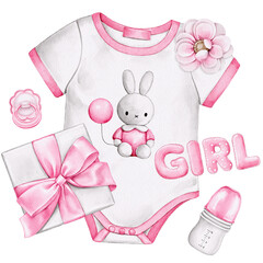 Pink Baby Girl Essentials, Watercolor Onesie, Bottle and Gift Clipart