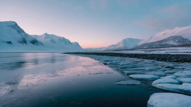 Expansive perspective of the snow-laden mountains and coastline during the brief daylight hours.