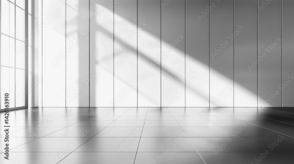 Poster soft rays of light dance across a minimalist interior featuring white walls and a polished silver fl