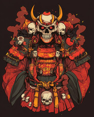 fierce warrior in Japanese manga style, adorned with skulls and vibrant armor, exudes power