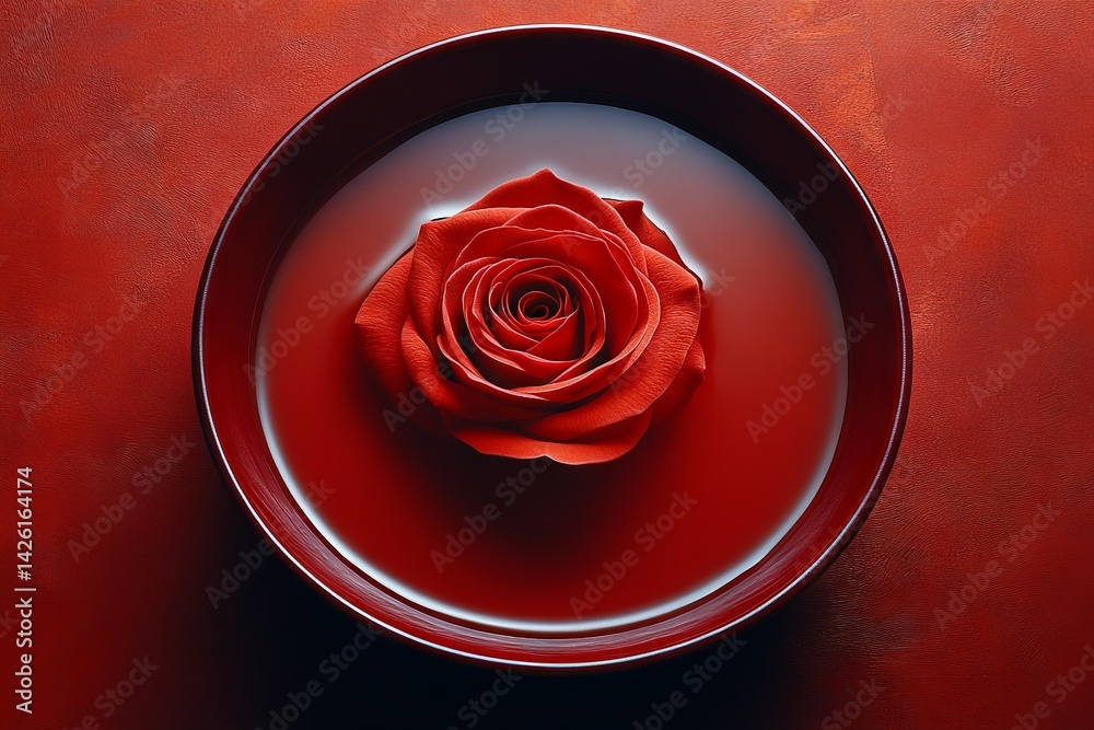 Poster Red rose floating in water on a deep red plate creating a vibrant, artistic display