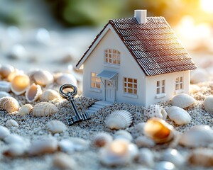 Miniature house on a beach with seashells and key
