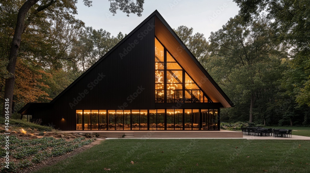 Poster modern a-frame house glows warmly at dusk, set in the peaceful dutch countryside, with sharp angles 