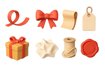 Gift wrapping icon set &ndash; 3d style package and presentation symbols for festive season: ribbon, bow, wrapping paper, gift tag, present box, twine, wax seal