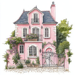 Fototapeta premium picturesque house with pink facade, surrounded by lush greenery and charming details