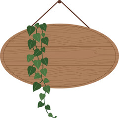 Oval wooden signboard with hanging green ivy plant vector illustration natural decor 