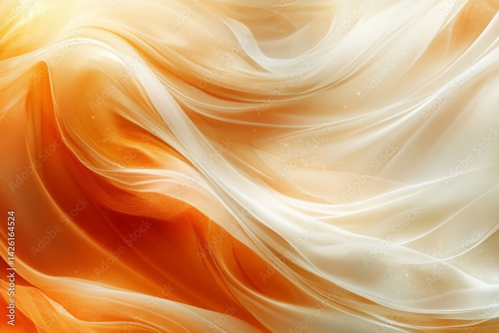 Poster Flowing fabrics of orange and white create a serene and dreamy atmosphere in an abstract design