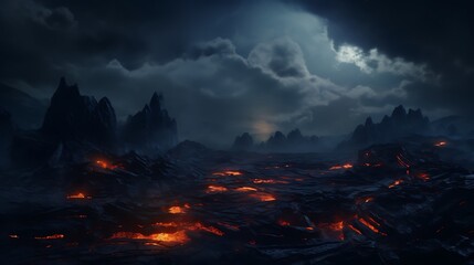 Naklejka premium A dramatic volcanic landscape with lava flows glowing under a dark sky.