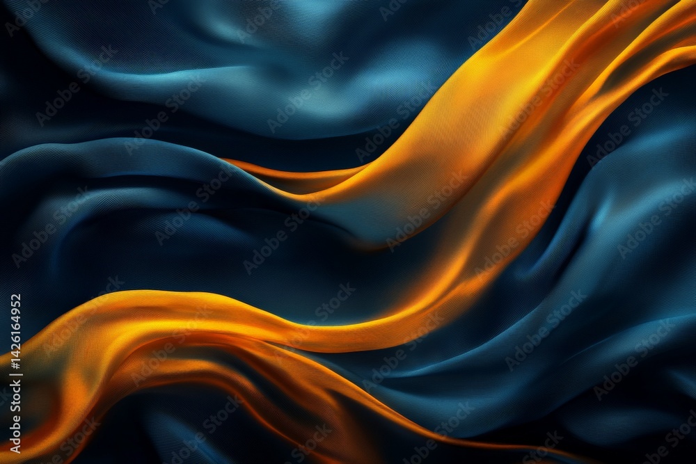 Poster flowing silk fabric in dark blue and vibrant orange shades creates a dynamic visual element for arti