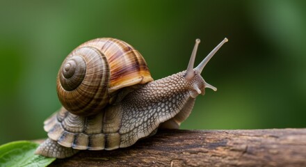 Snail slowly climbing on a branch in a lush green garden setting