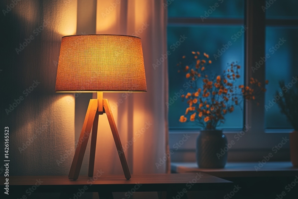 Poster warm lighting from a stylish lamp enhances a cozy evening atmosphere in a home setting