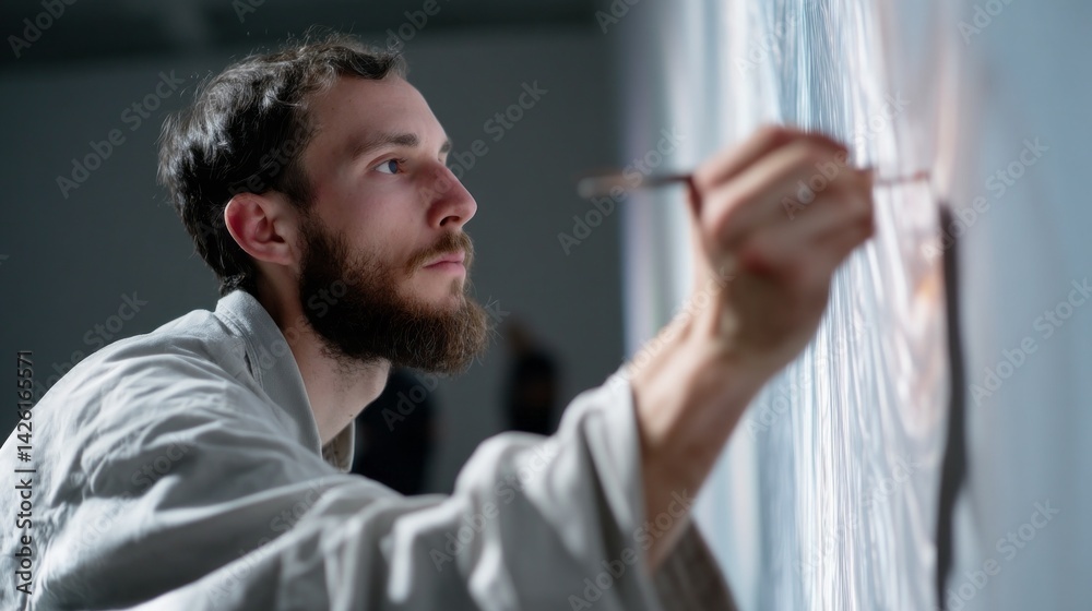 Poster a focused artist applies brushstrokes on a canvas, enveloped by colorful ai projections in an inspir