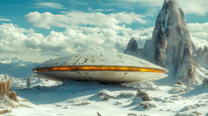 Obraz premium A futuristic, disc-shaped spacecraft rests on a snow-covered, mountainous alien landscape. The vessel glows faintly, contrasting against the cold, stark environment. A lone figure observes from afar.
